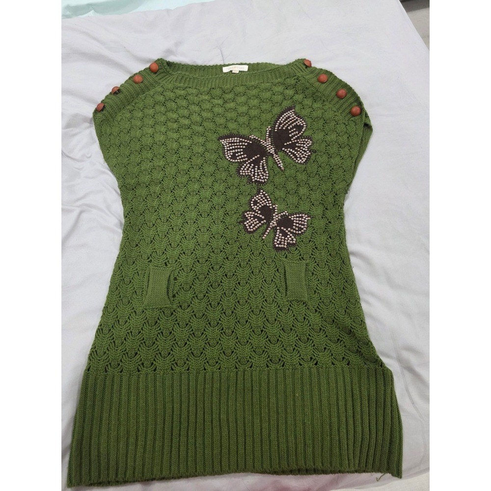 Green‎ Knit Butterfly Applique Sweater Dress Women Size Medium